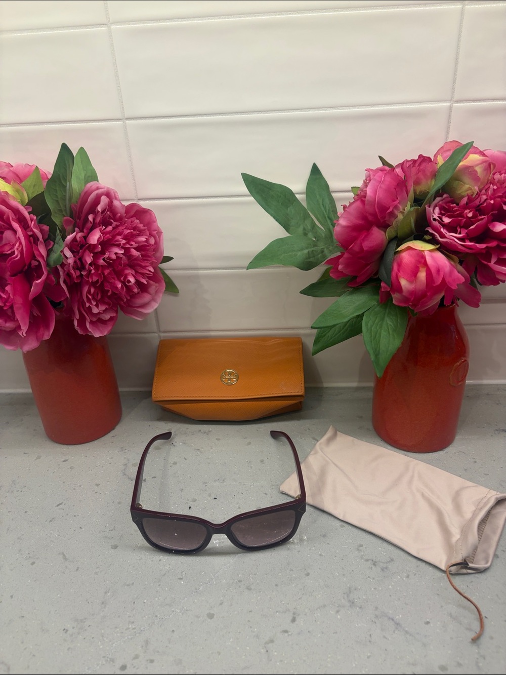 Tory Burch burgundy Sunglasses and Orange Case